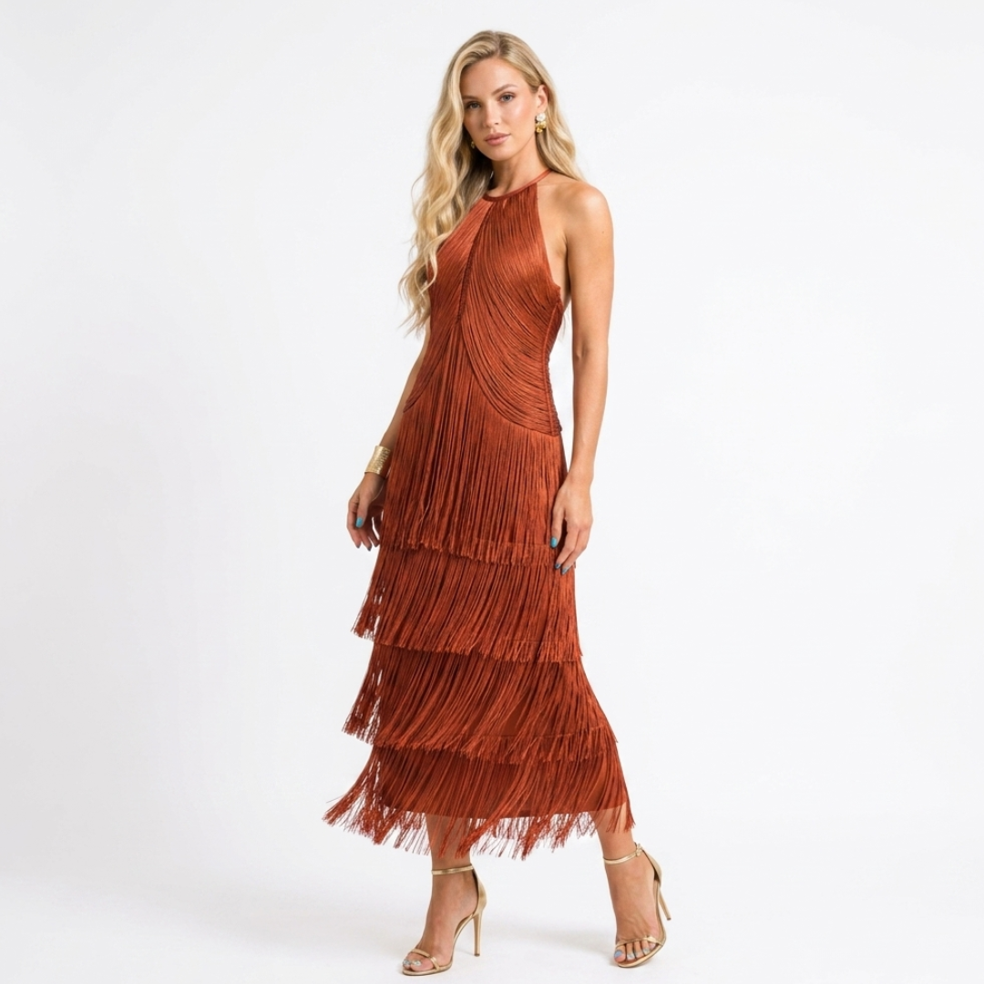 Tiered Fringe Halter Neck High Split Maxi Dress