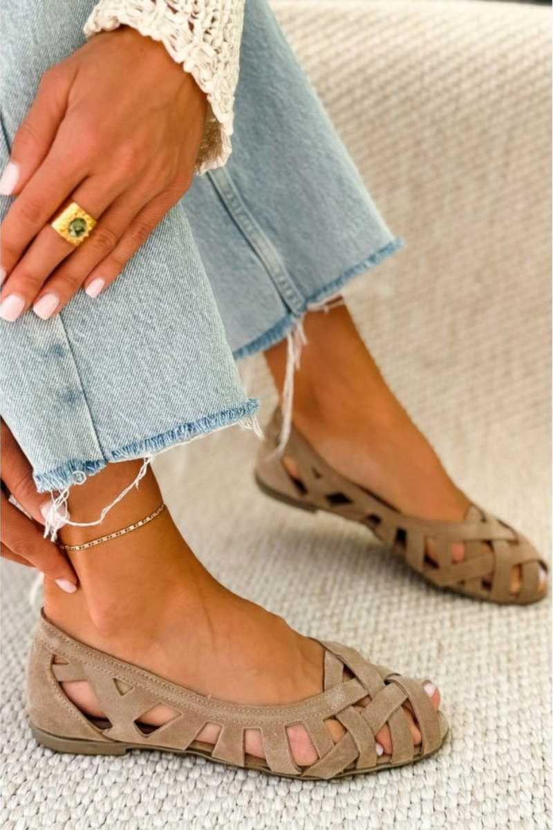 Woven Strap Peep Toe Suede Ballet Flats