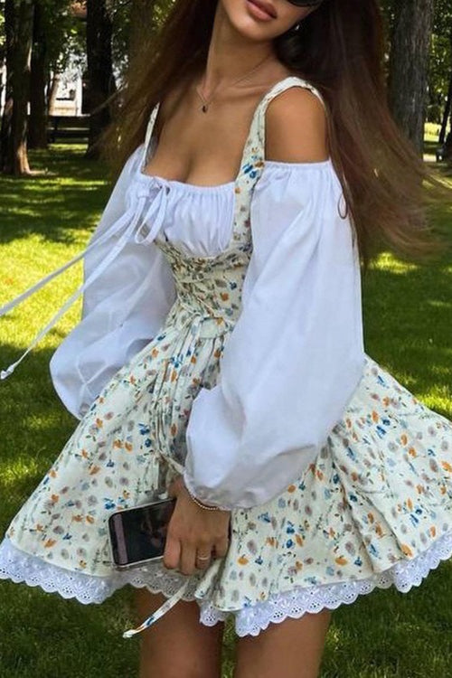 Two Piece Puff Sleeve Strapless Floral Dress