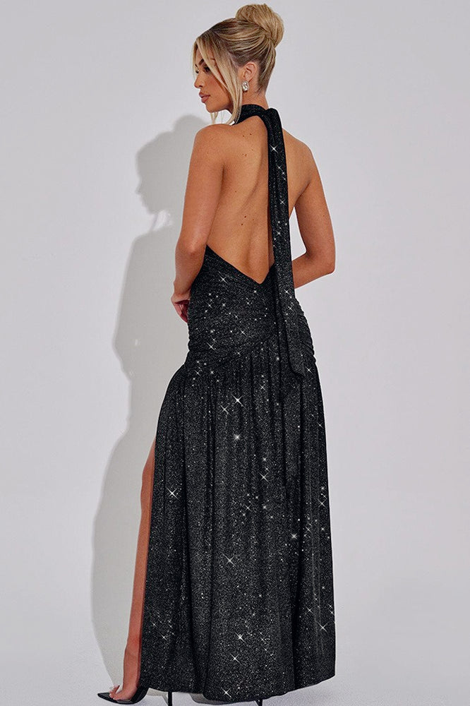 Glitter Halter Neck Plunge Ruched High Split Maxi Dress