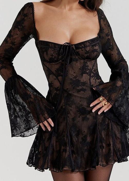 Self-Tie Lace Long Sleeve Dress - Vibrant Red - View 7