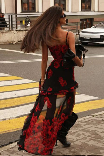 Ruched LowNeck Floral Dress