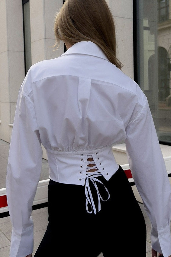 Retro Corset Cropped Tie Front Long Sleeve Top
