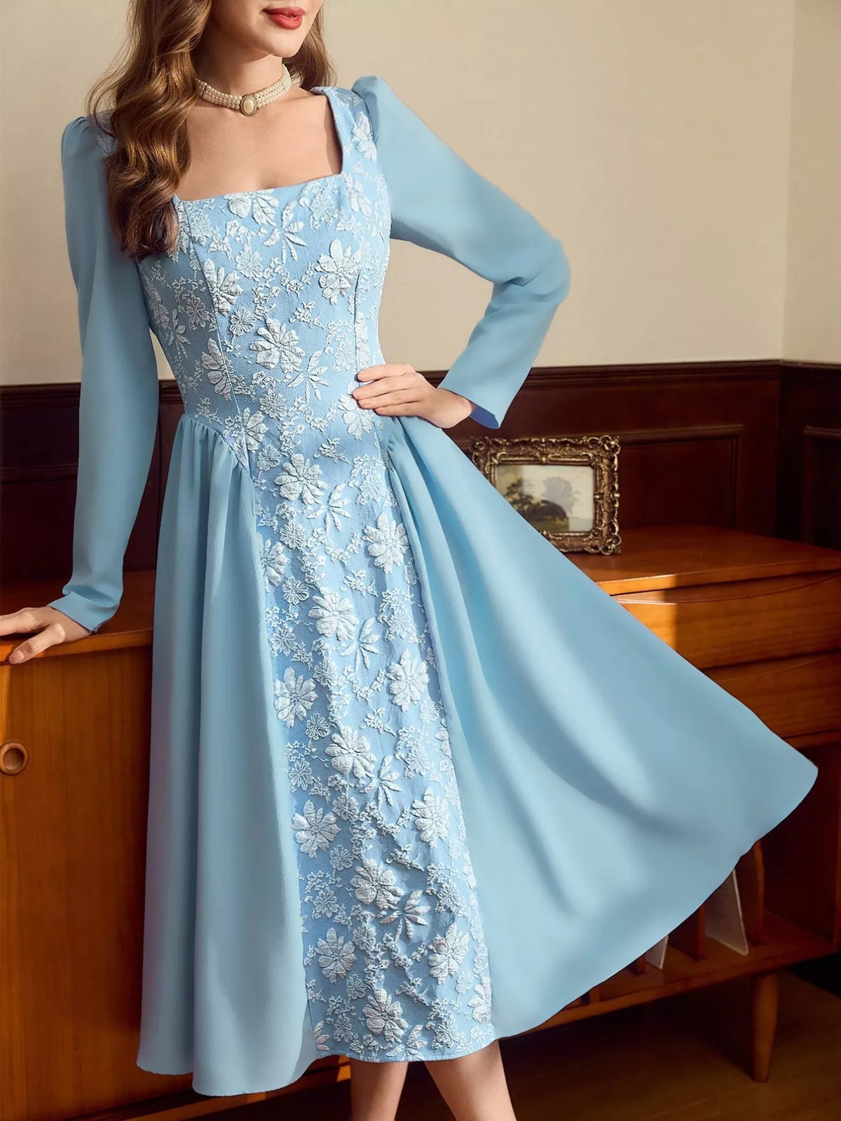 Floral Embroidered Panel Square Neck Long Sleeve A-Line Midi Dress 4