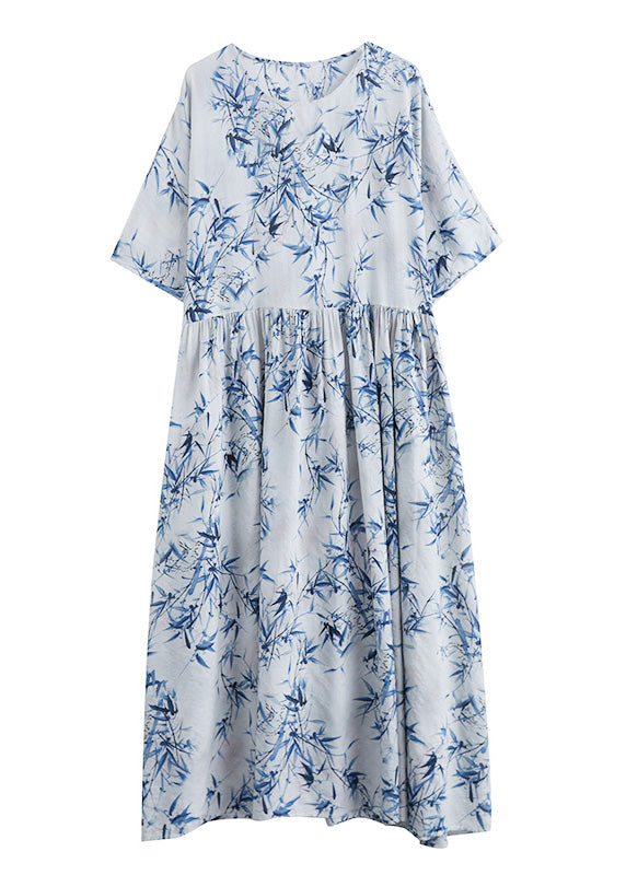 Bamboo Leaf Print Round Neck Empire Waist Pocket A-Line Midi Dress