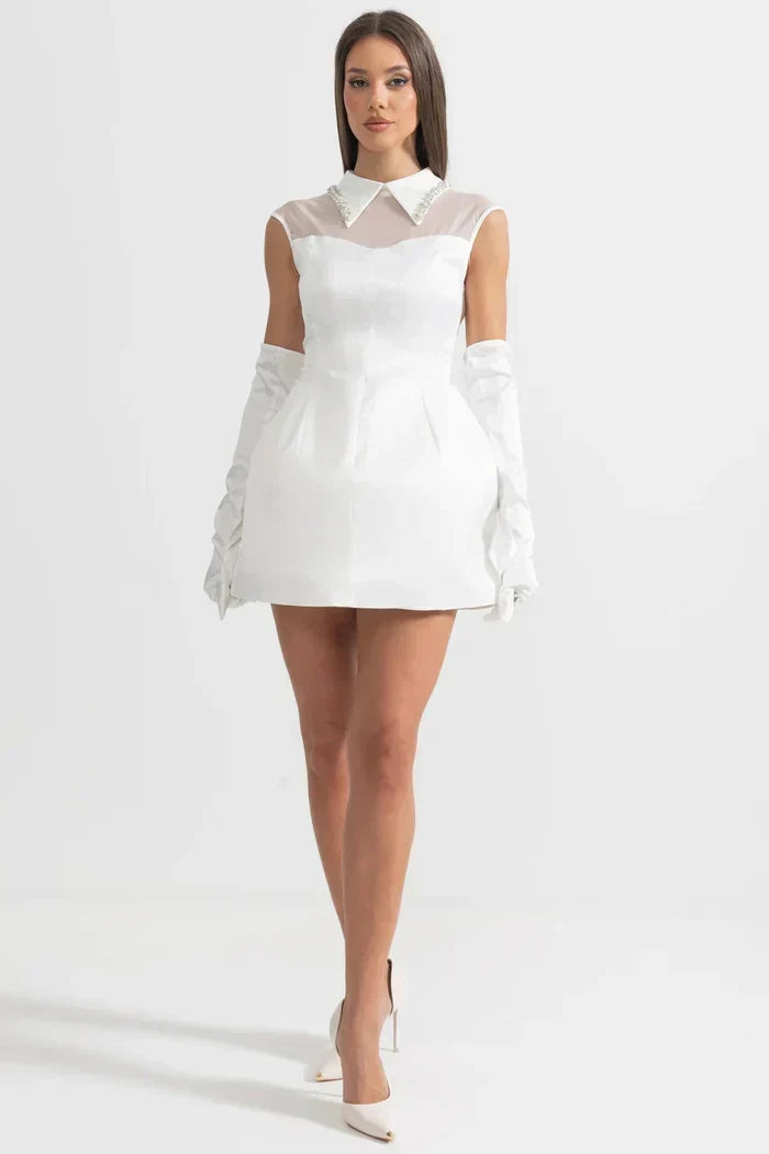 Satin Rhinestone Collar Sheer Yoke Sleeveless Mini Dress with Gloves