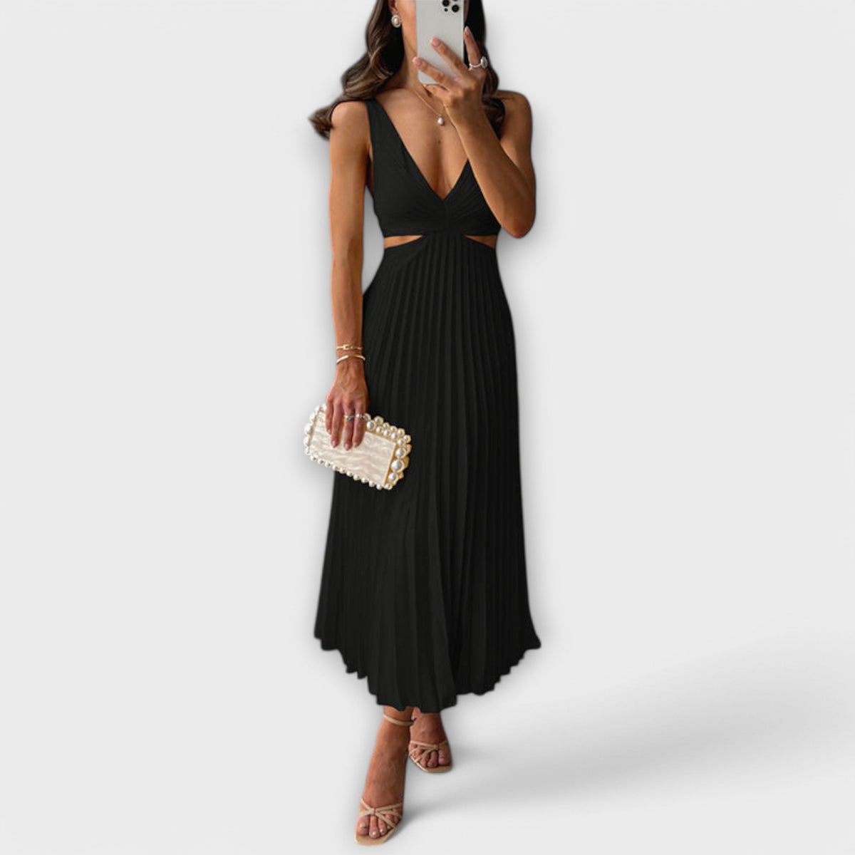 Deep V-Neck Cut Out Pleated Satin Midi Dress