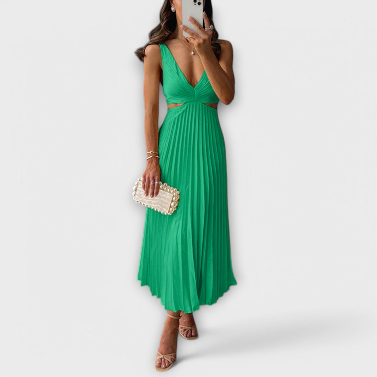 Deep V-Neck Cut Out Pleated Satin Midi Dress