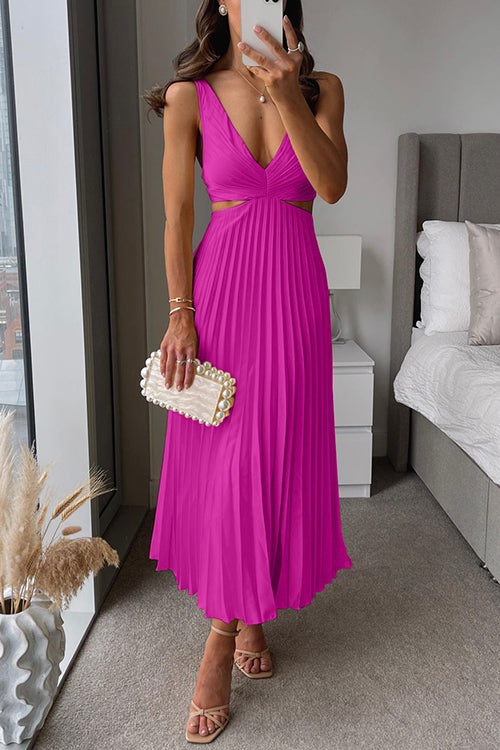 Satin V-Neck Cut Out Pleated Midi Dress 5
