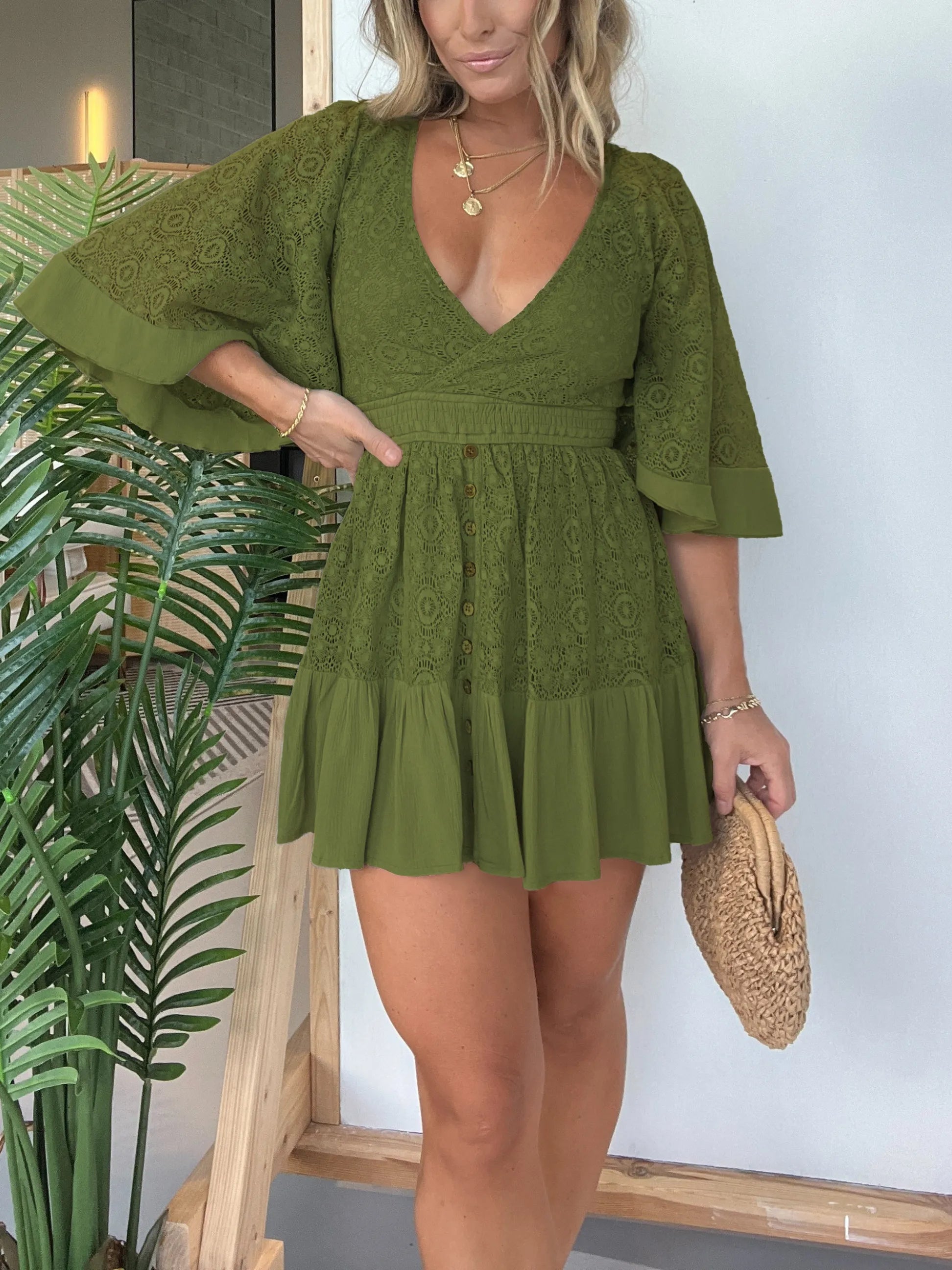 Lace Wrap V-Neck Smocked Waist Button Front Ruffle Bell Sleeve Mini Dress
