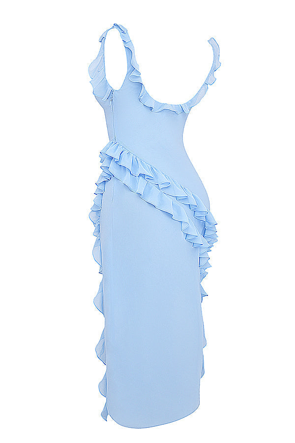 Square Neck Ruffle Strap High Split Asymmetrical Cascade Maxi Dress
