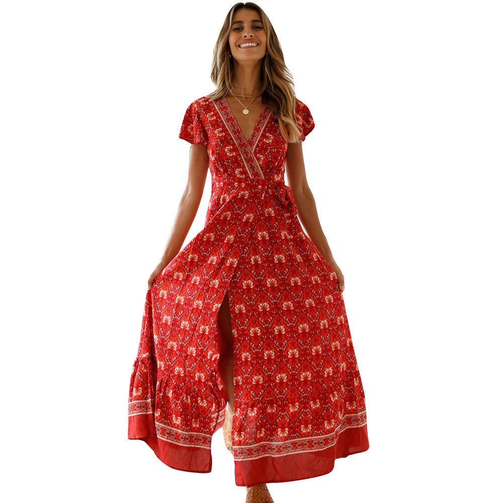 Boho Floral Print V-Neck Flutter Sleeve High Split Wrap Maxi Dress 4