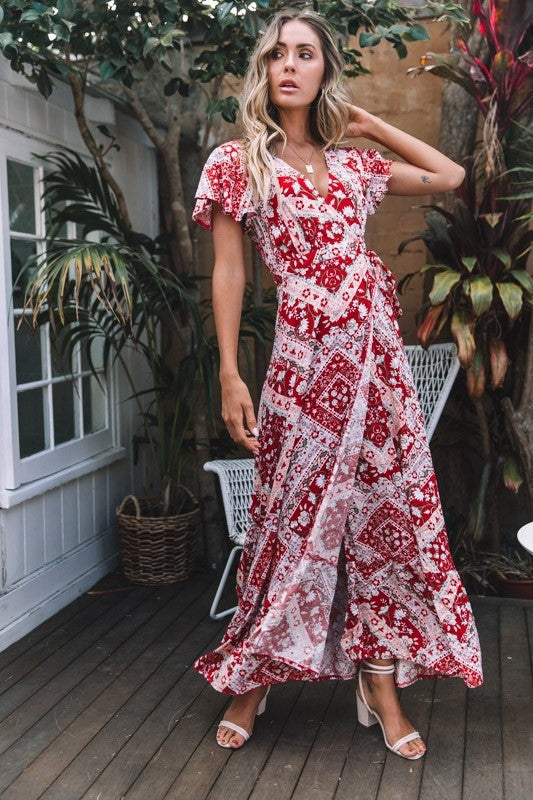 Boho Floral Print V-Neck Flutter Sleeve High Split Wrap Maxi Dress 13