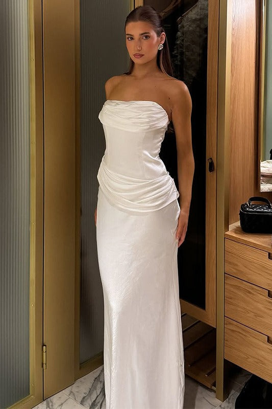 Satin Strapless Ruched Maxi Formal Dress