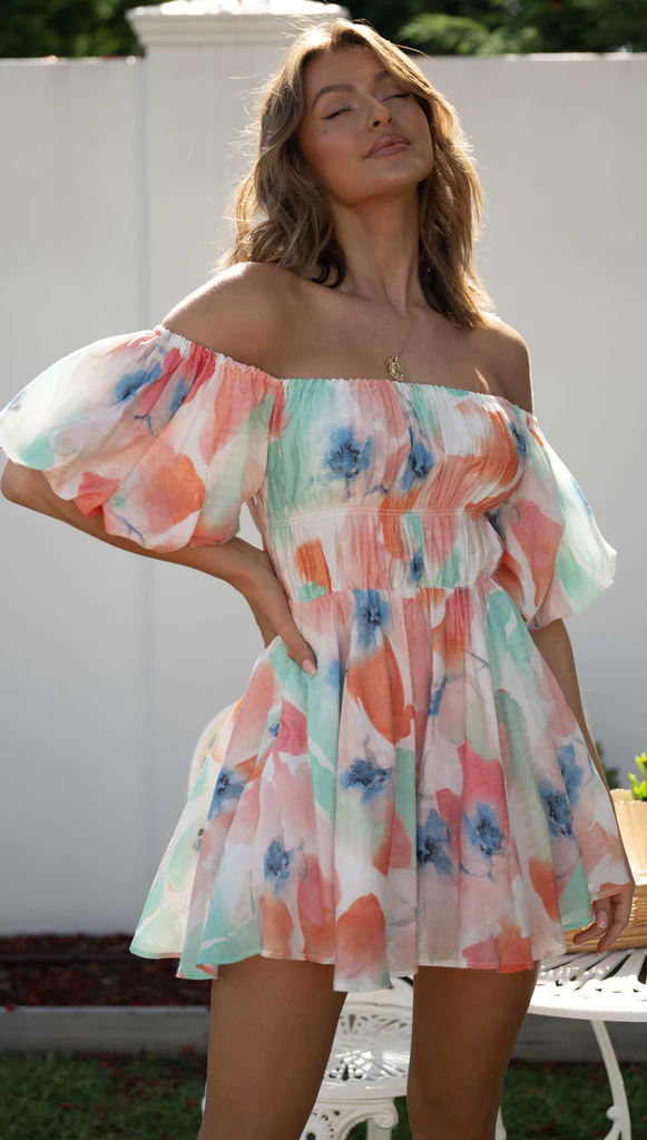 Watercolor Floral Print Off Shoulder Puff Sleeve Shirred Waist Mini Dress 4