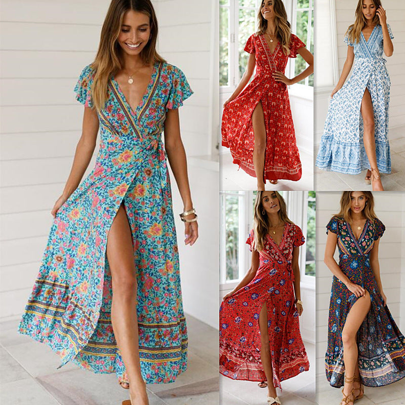 Boho Floral Print V-Neck Flutter Sleeve High Split Wrap Maxi Dress 5