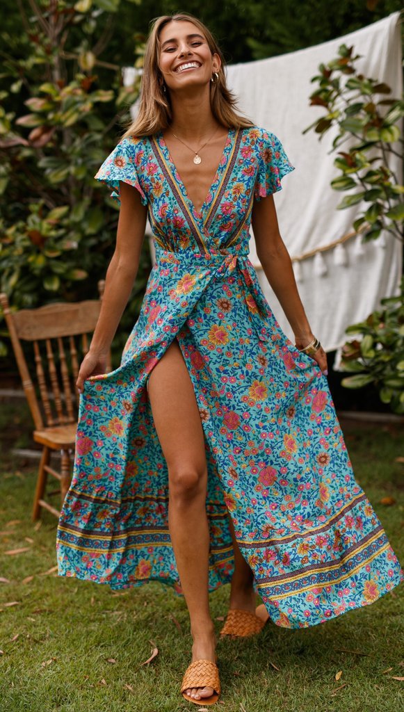 Boho Floral Print V-Neck Flutter Sleeve High Split Wrap Maxi Dress