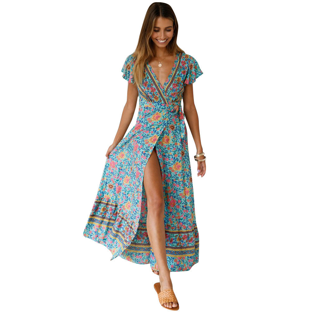 Boho Floral Print V-Neck Flutter Sleeve High Split Wrap Maxi Dress 7