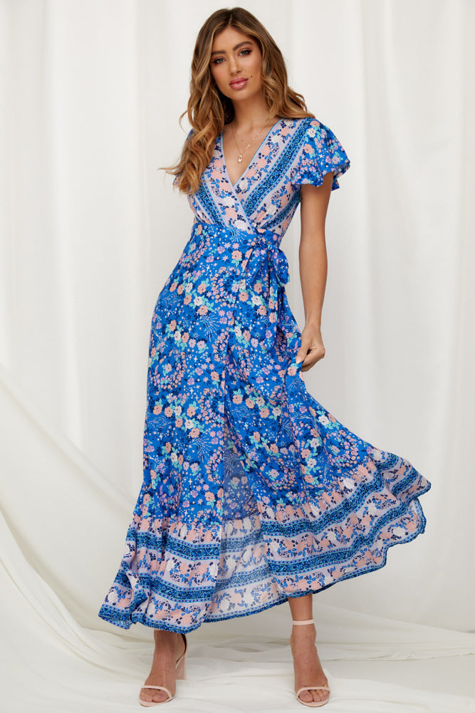 Boho Floral Print V-Neck Flutter Sleeve High Split Wrap Maxi Dress 11