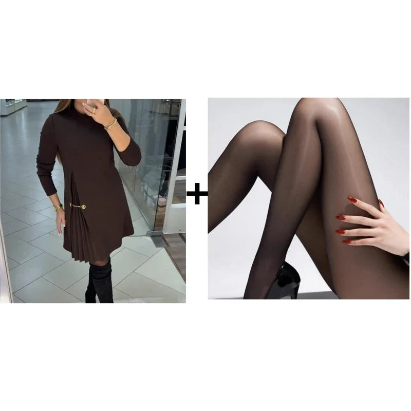 High Neck Long Sleeve Pleated A-Line Midi Dress 15