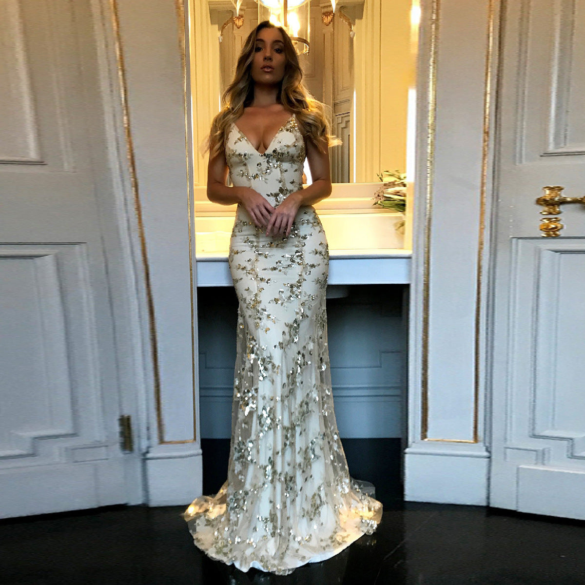 Sequin Deep V-Neck Spaghetti Strap Mermaid Maxi Gown