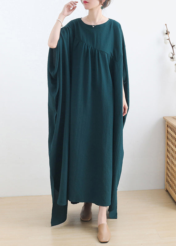 Crew Neck Batwing Sleeve Diagonal Seam Gathered Oversized Crinkled Maxi Dress