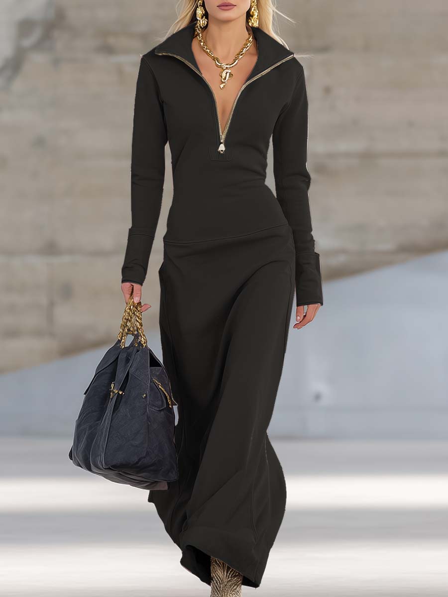 Knit Collared Long Sleeve Zip Front Maxi Dress 12