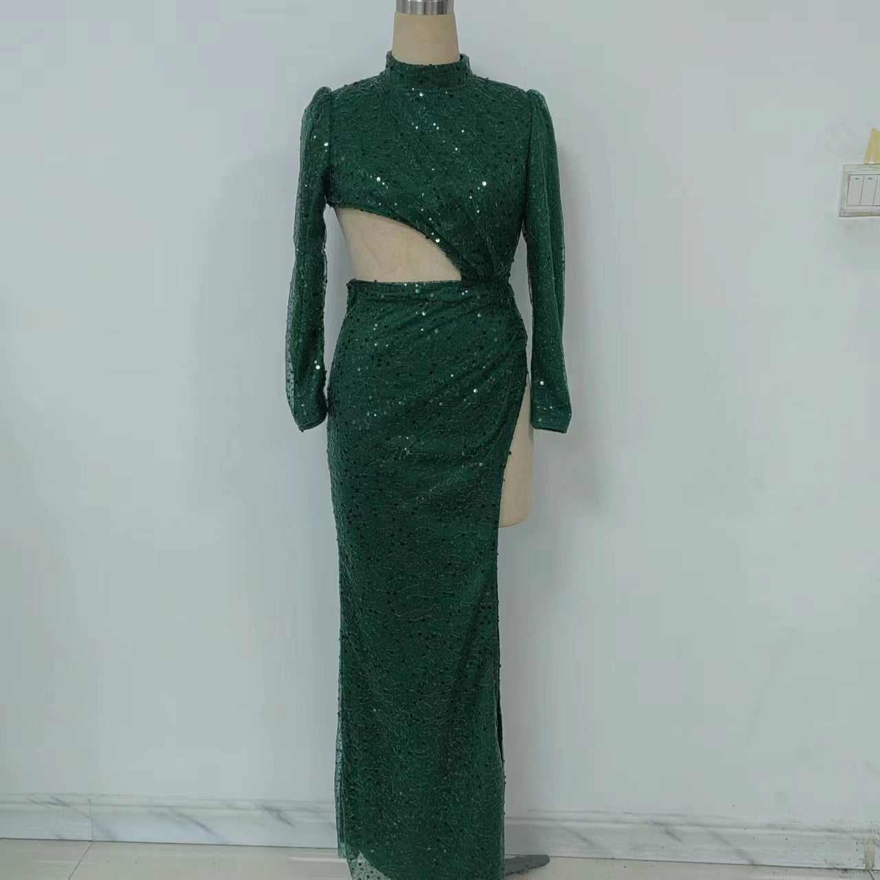 Sequin Mock Neck Long Sleeve Cut Out High Split Maxi Dress