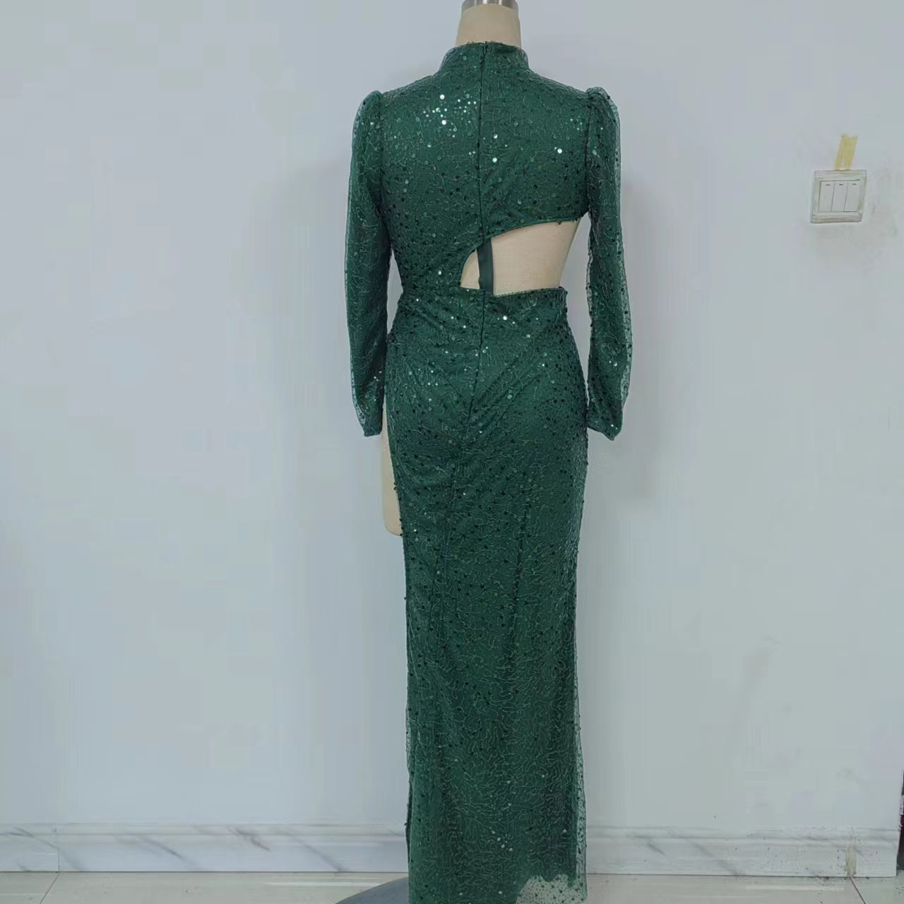 Sequin Mock Neck Long Sleeve Cut Out High Split Maxi Dress