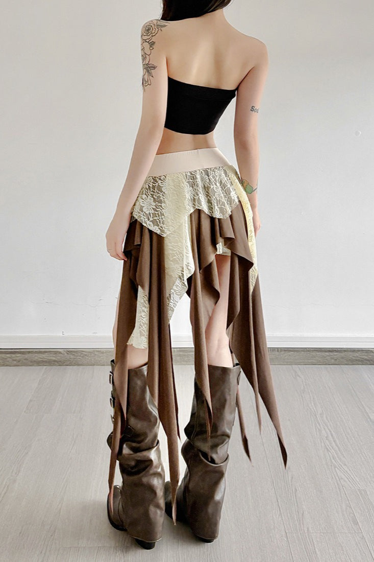 Lace Overlay Layered Strip Hem Asymmetric Low Rise Mini Skirt 4