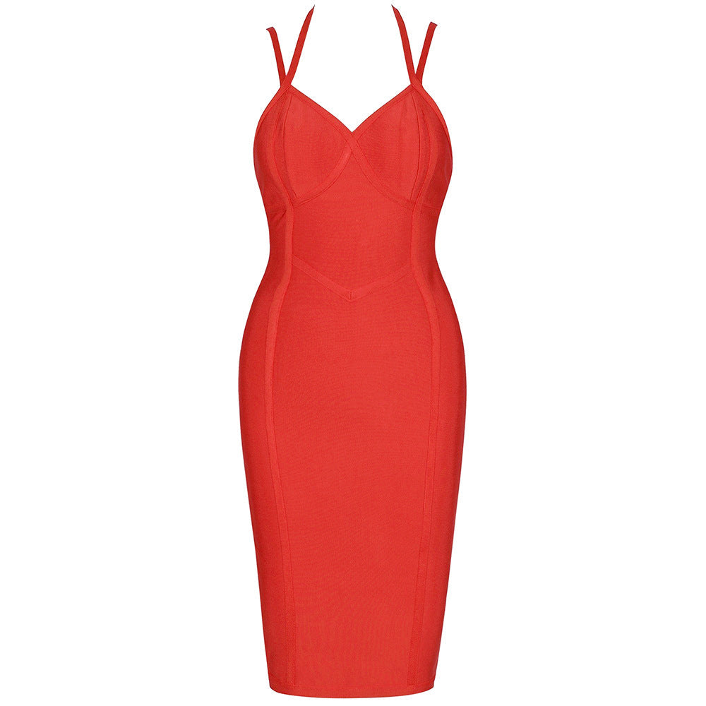 Bandage V-Neck Strappy Bodycon Midi Cocktail Dress
