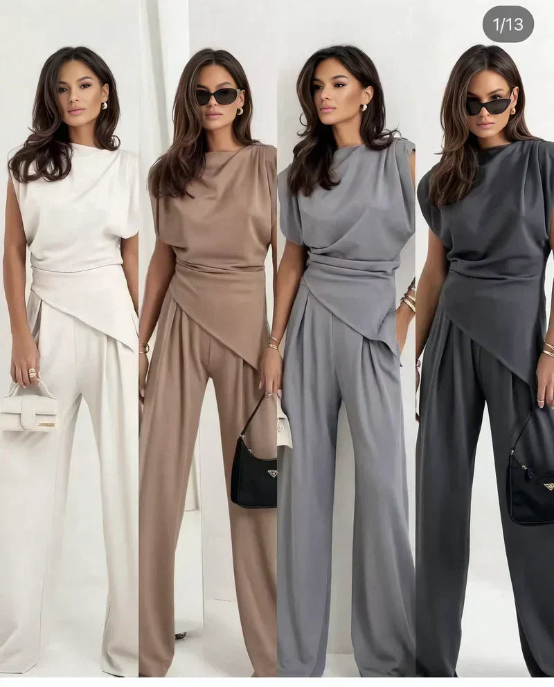 Sleeveless Ruched Top and Wide Leg Pants Two Piece Set
