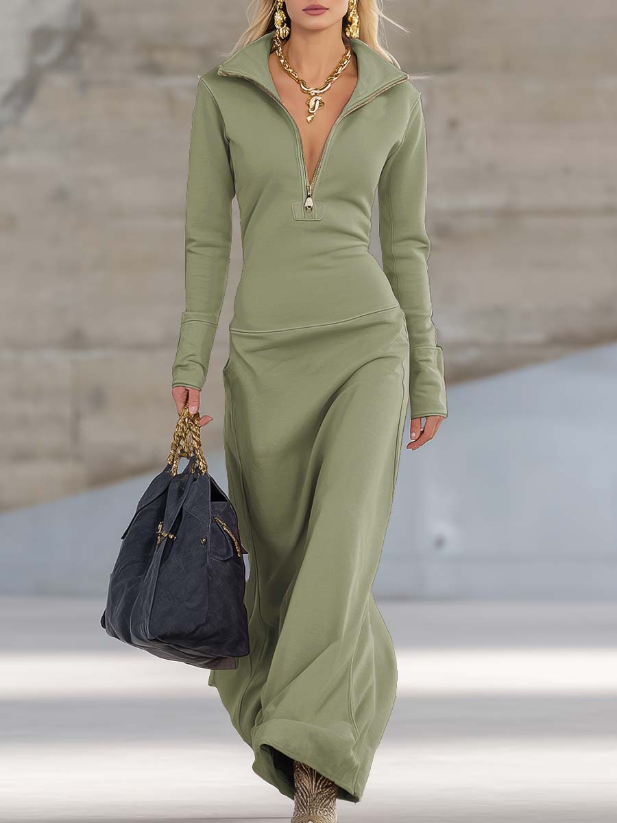 Knit Collared Long Sleeve Zip Front Maxi Dress 15