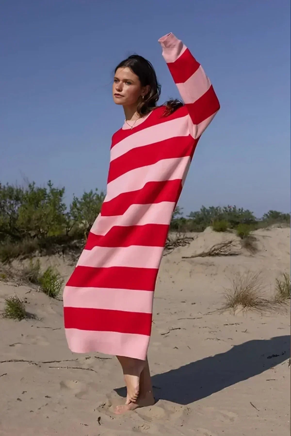 Striped Knit Crew Neck Long Sleeve Oversized Midi Dress