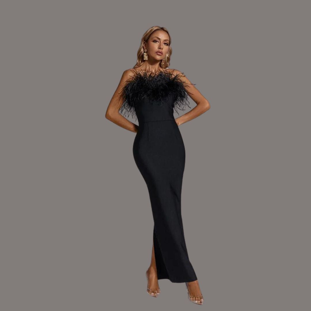 Feather Trim Strapless Bodycon Column Maxi Gown
