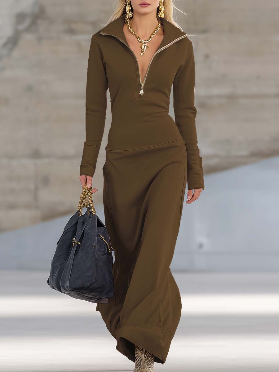 Knit Collared Long Sleeve Zip Front Maxi Dress 14
