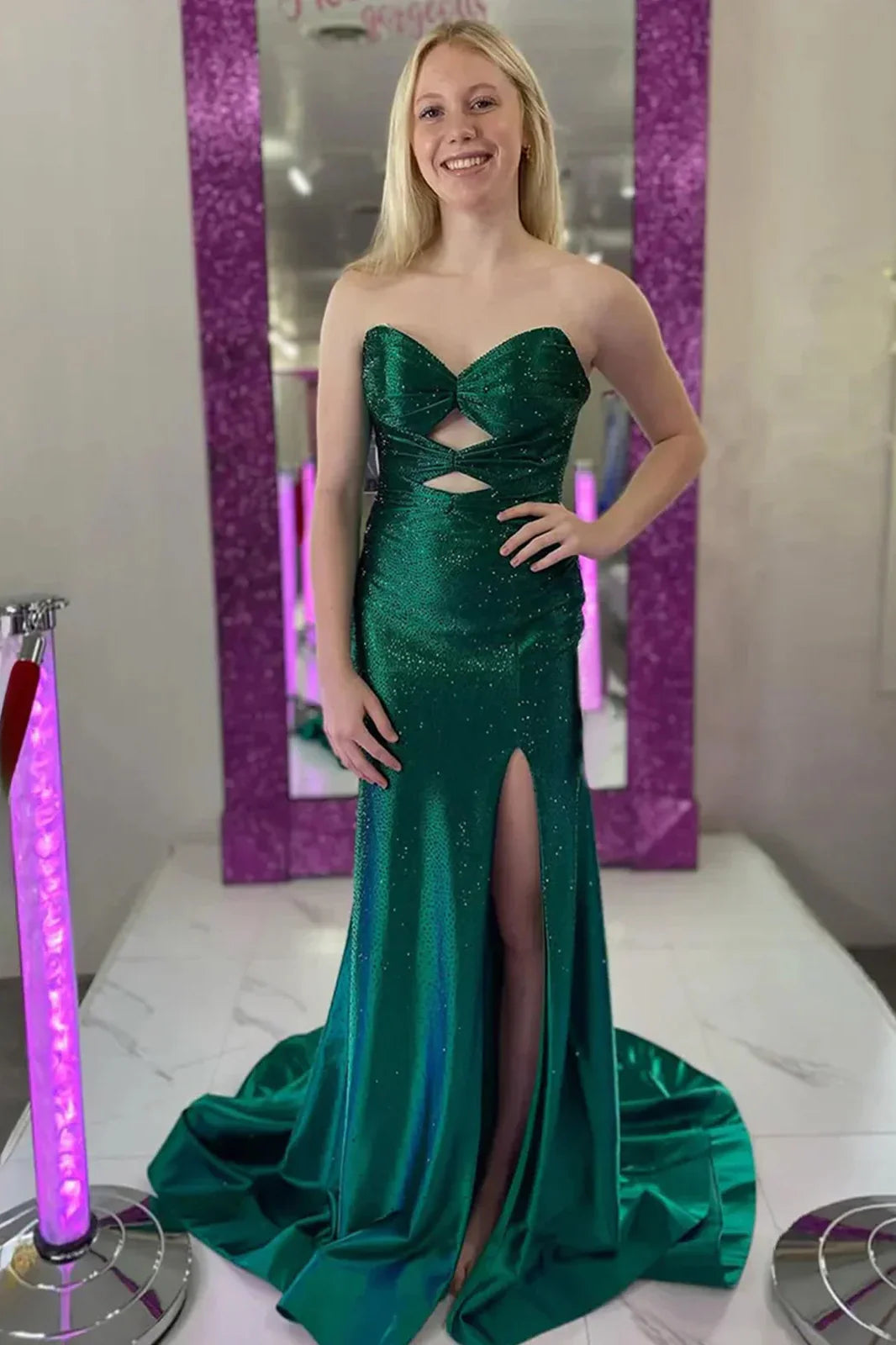 Cute Hot Pink Mermaid Strapless Long Beaded Prom Dress with Slit