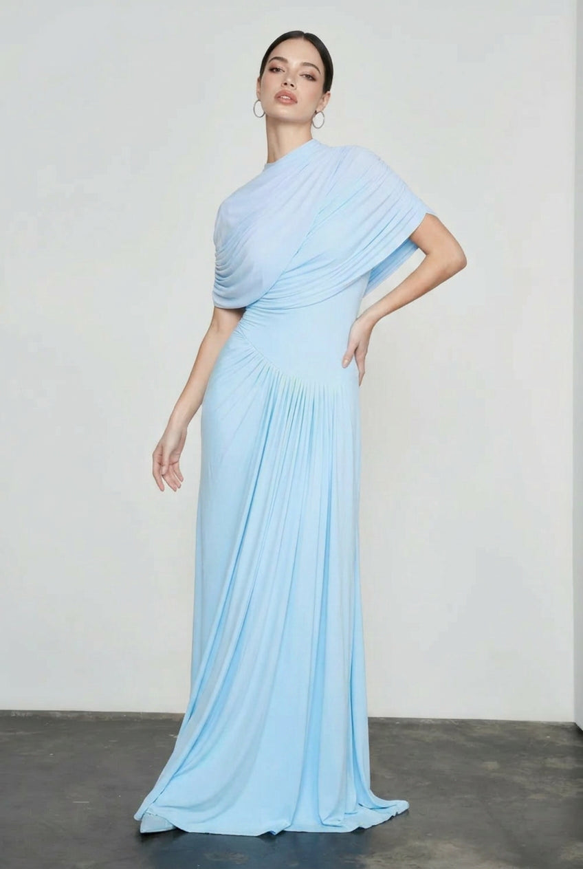 High Neck Draped Short Sleeve Ruched Flowy Maxi Gown - View 3