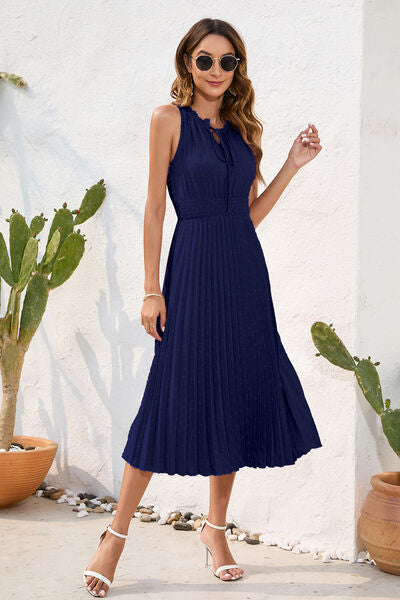 Swiss Dot Tie Neck Sleeveless Dress Cobald Blue