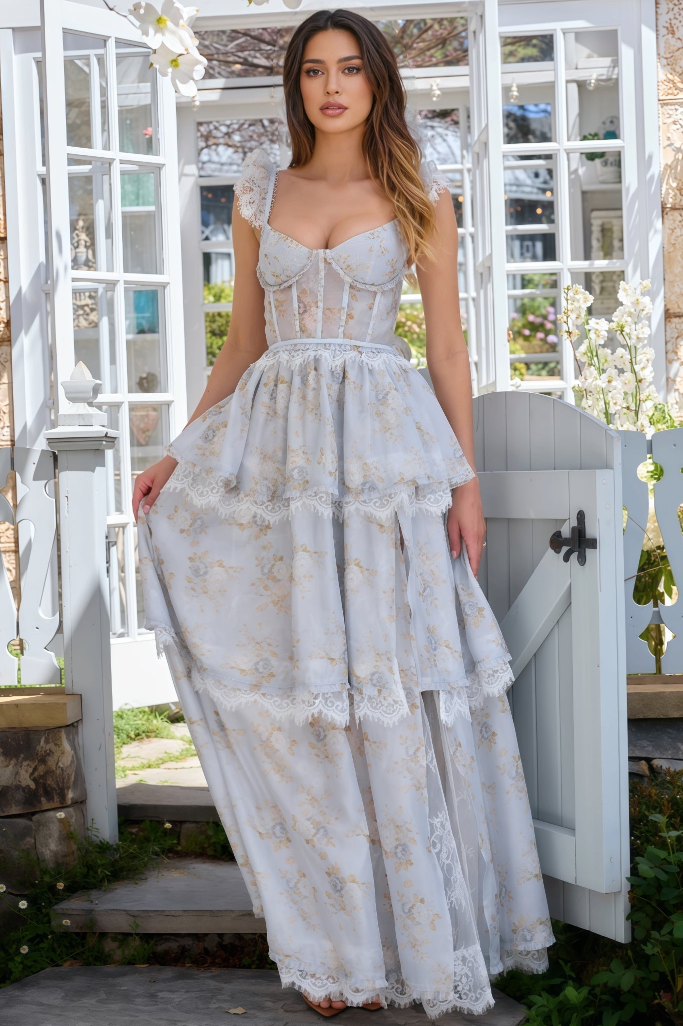 Brion Blue Lace Print Maxi Dress - View 3