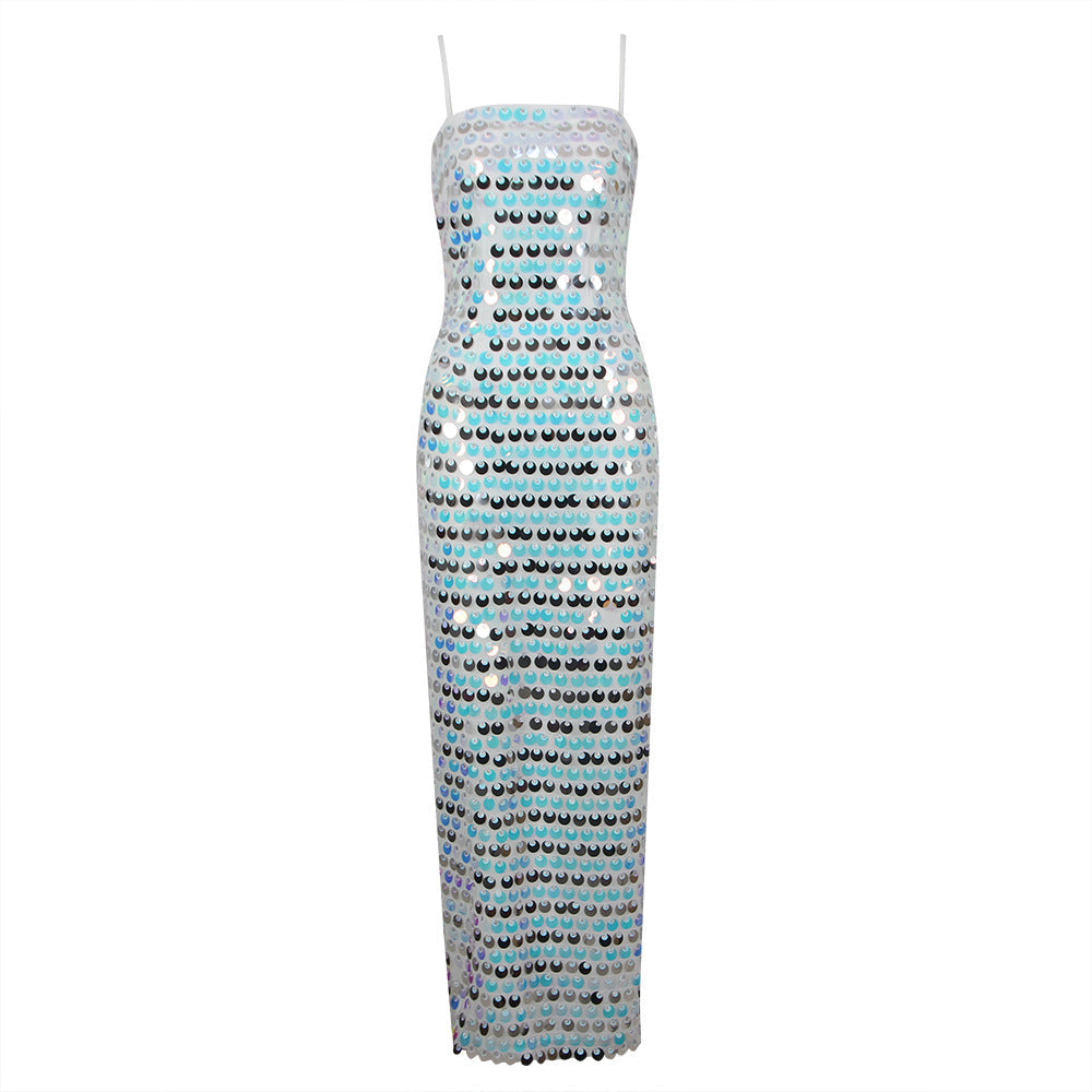 Sequin Spaghetti Strap Column Bodycon Maxi Cocktail Dress