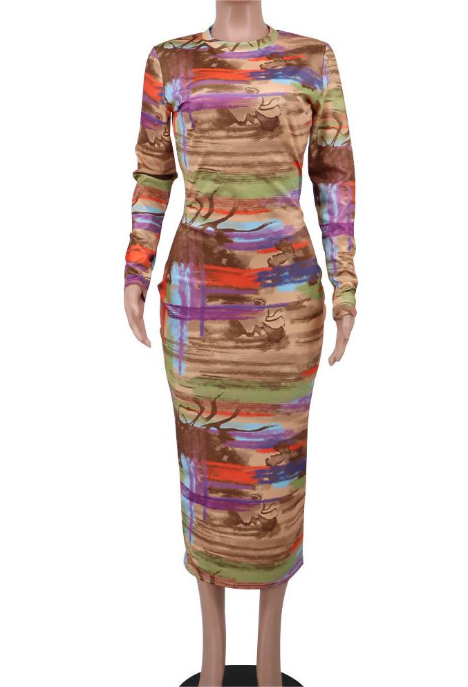 Printed Women Clothing Dress Fall Wear Long Sleeves Autumn Casual