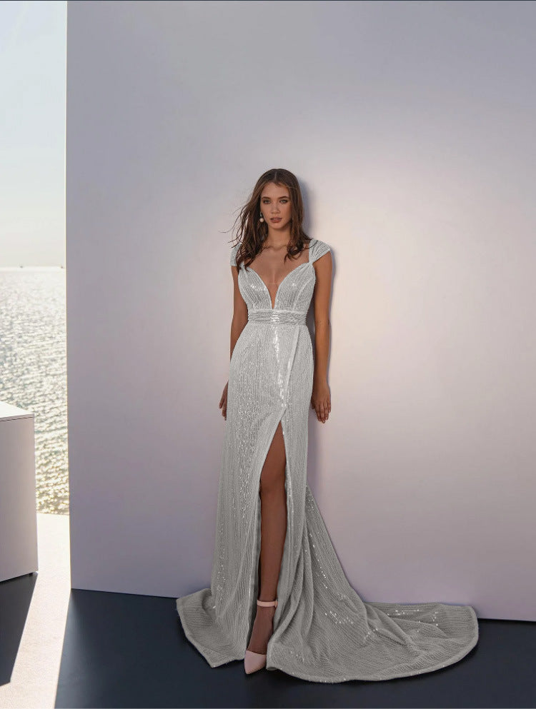 Sequin Deep V-Neck Wrap Waist High Split Train Maxi Gown