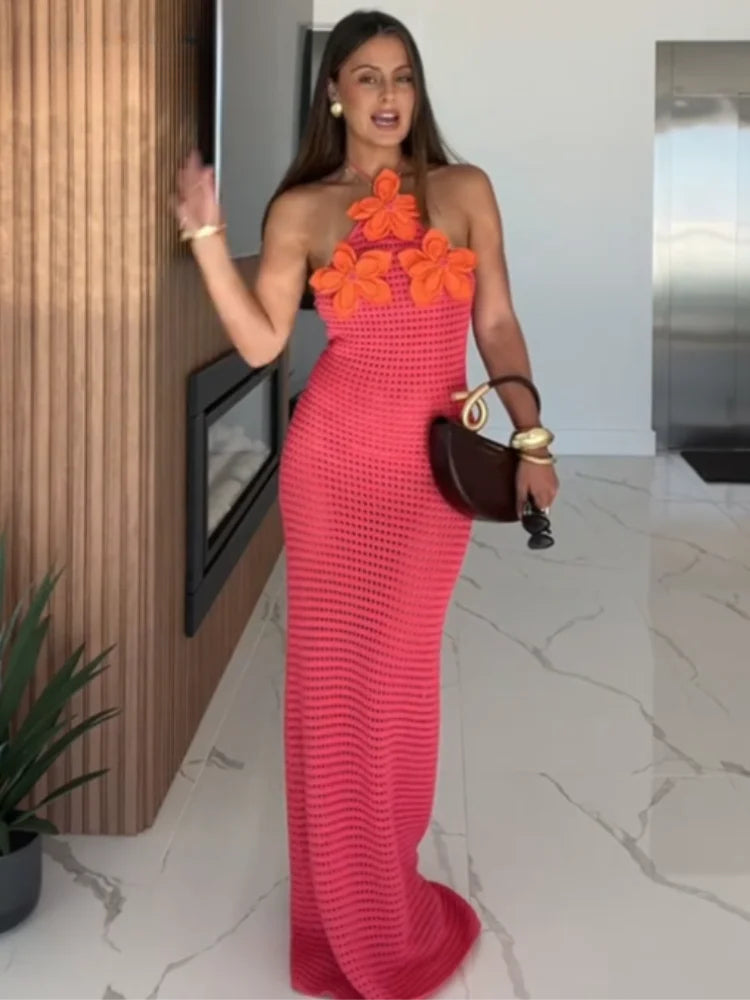 Crochet Halter Neck 3D Flower Backless Maxi Summer Dress