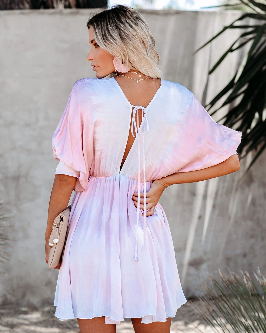 Women Summer New Tie Dye Deep V Large Swing Dolman Sleeve Dress