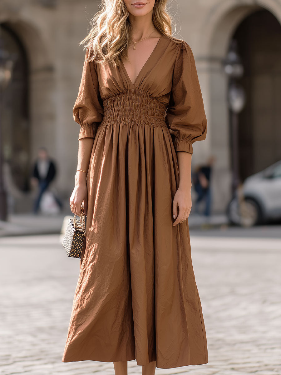 Deep V-/-Sleeves A-Line Evening Dress Pleated Satin Ankle-Length Formal Gowns