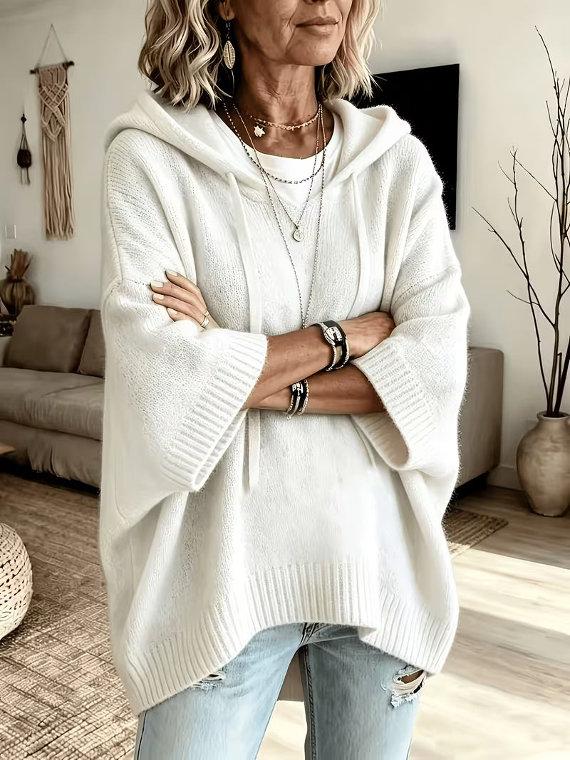 Hooded Drawstring Oversized Knit Poncho Sweater