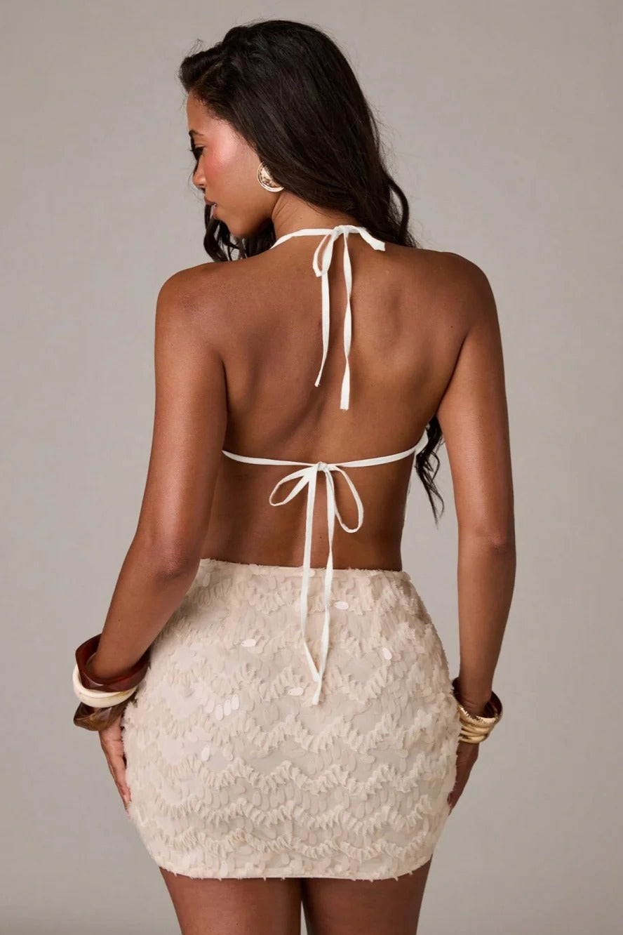 Pearl Embellished Halter Backless Crop Top