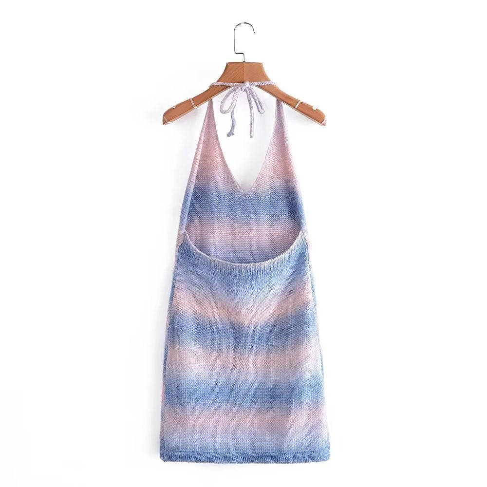 Women Clothing Women Gradient Color Halter Spaghetti Straps Knitted Dress Sexy Backless Halter Dress