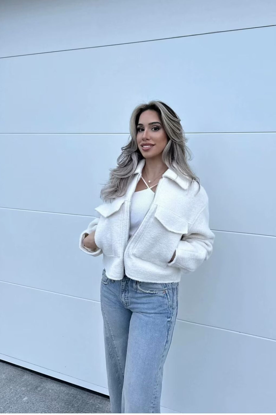 Cropped Boucle Zip Front Jacket